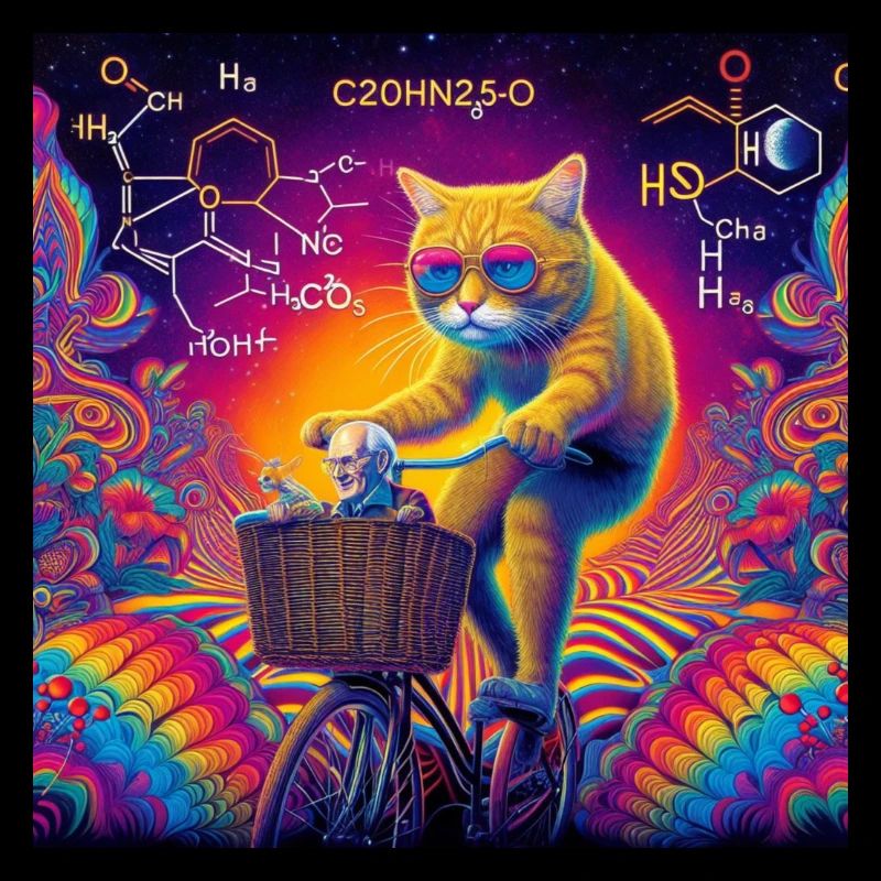 Bicycle Day. Cat psychedelic with bicycle