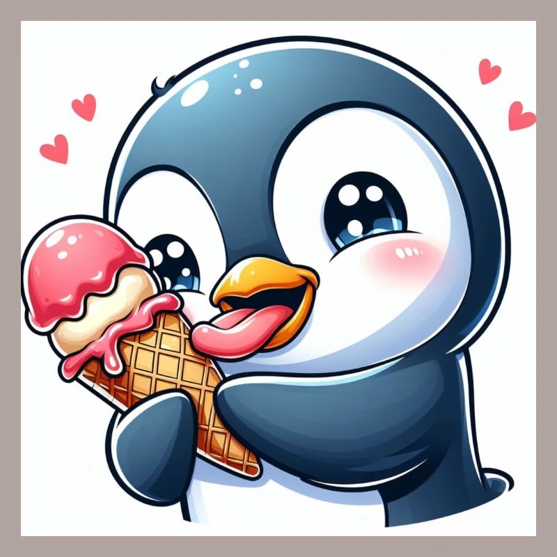 Süsser Pinguin am Softeis essen. Pinguin mit Eis