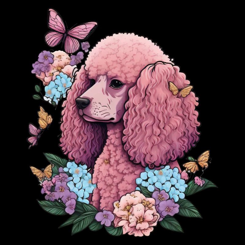 Caniche rose avec fleurs, papillons, style rétro