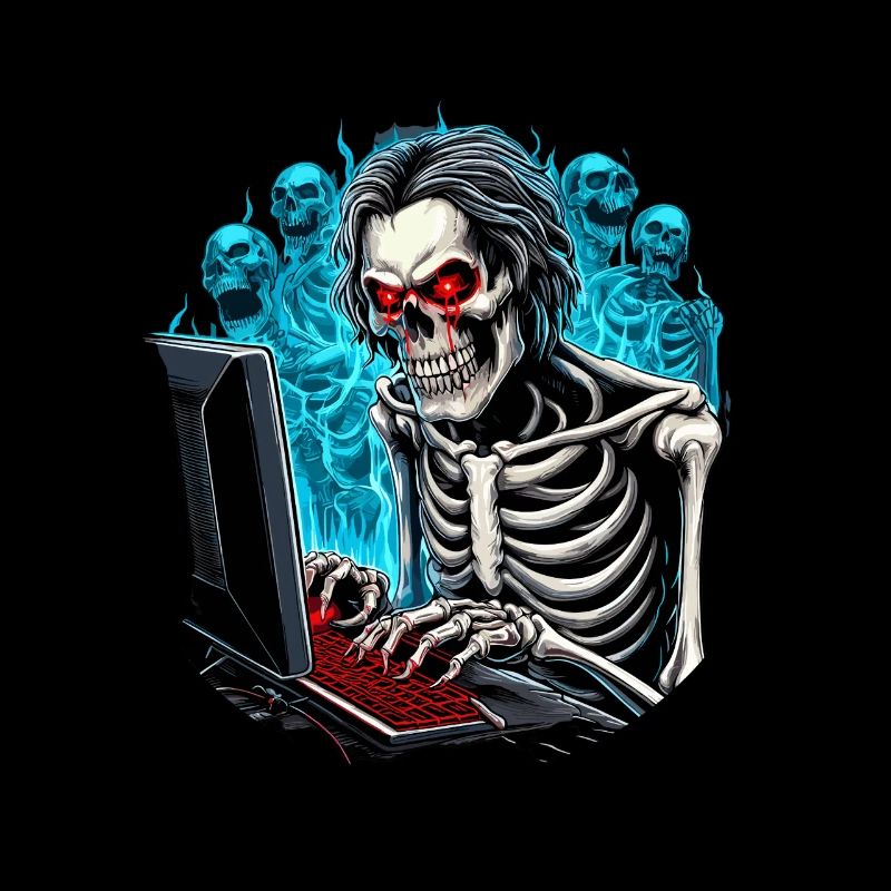 Skeleton, gamer in hell with ghosts/demons