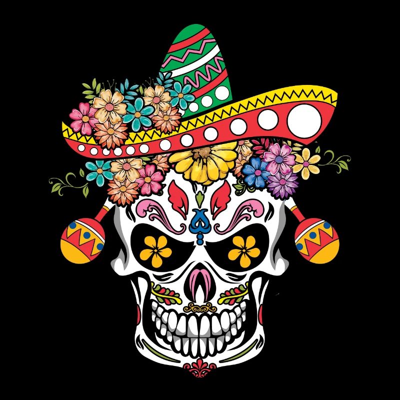 Crâne coloré avec sombrero et fleurs