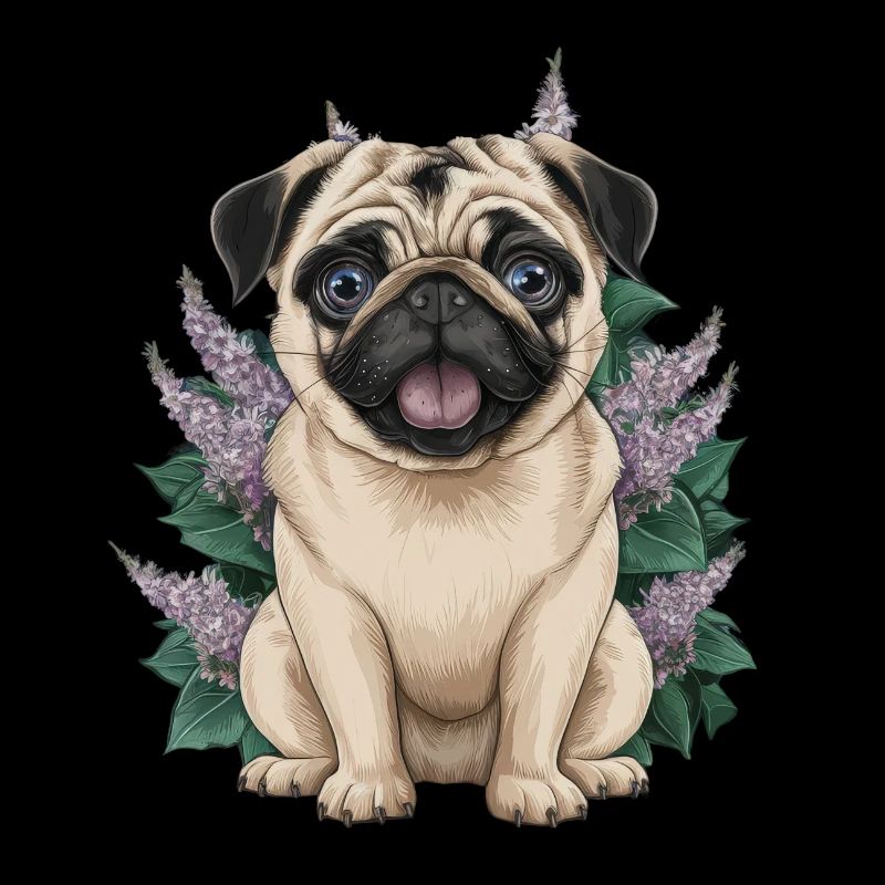 Süßer Cartoon Mops mit blumigem Hintergrund