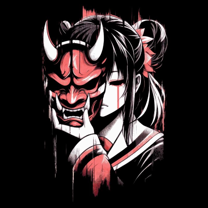 Fille d’anime avec masque Oni Aesthetics Glitch