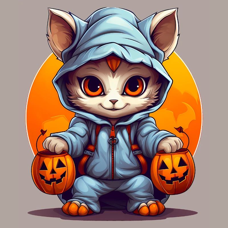 Verkleidete Halloween Katze mit Kürbislaternen