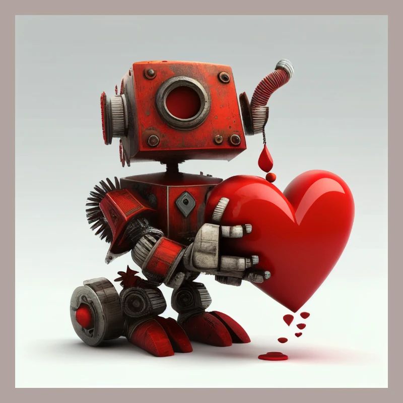 Small, red robot with heart