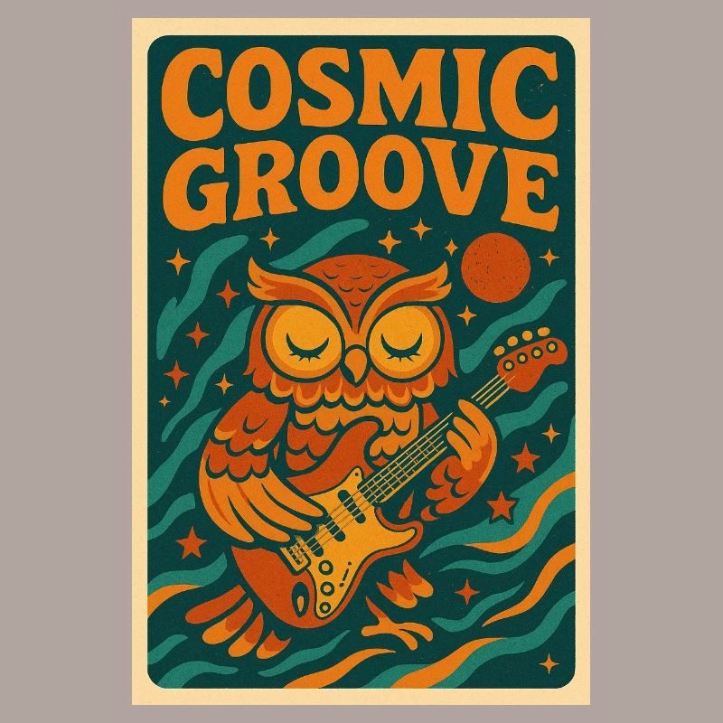 Psychedelisches Retro-Design mit Eule und Gitarre