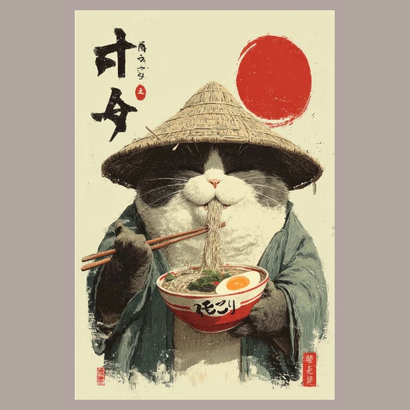 Chat samouraï mangeant des ramen