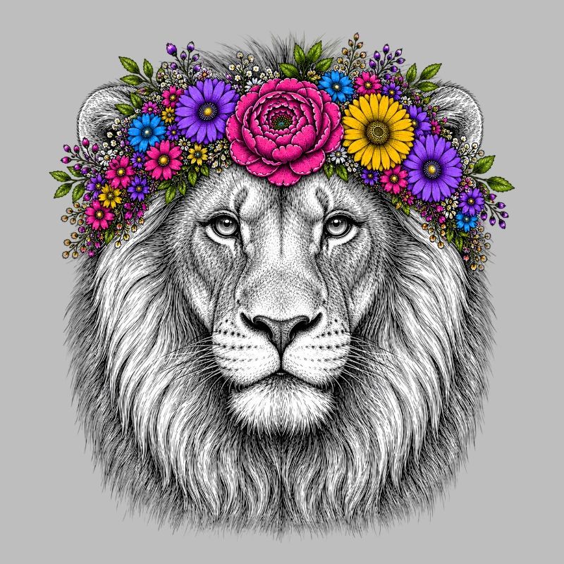 Löwenkopf mit Blumenkranz
