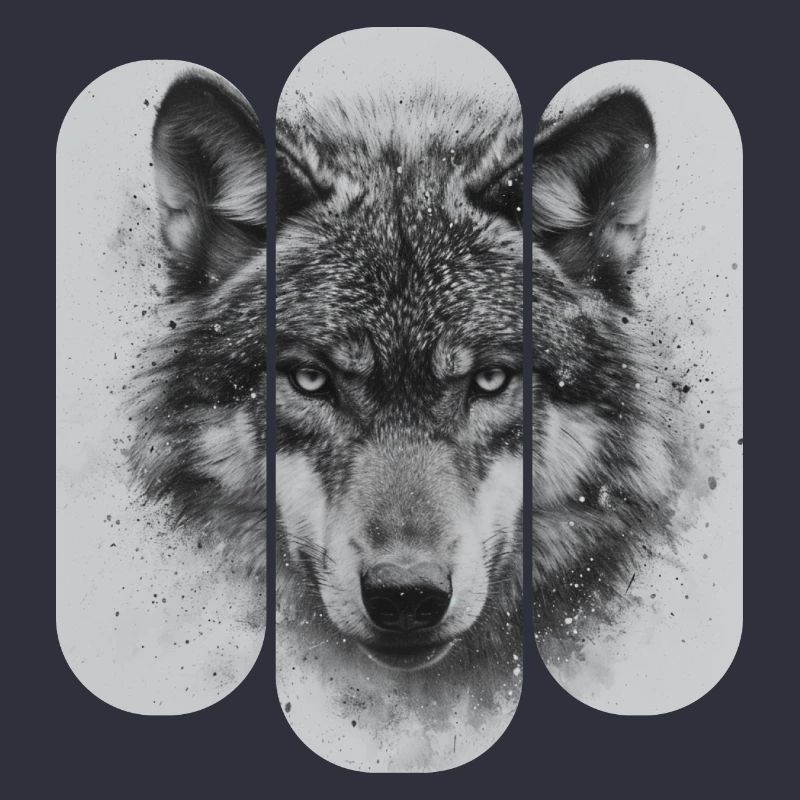 triptych Black and White Wolf