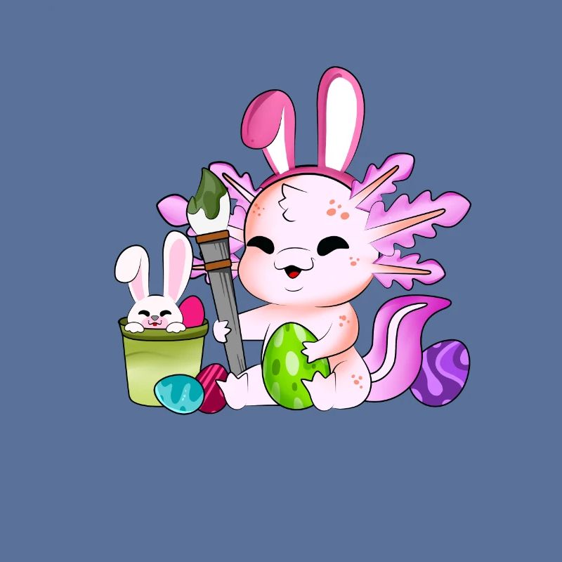Sweet axolotl paints Easter eggs at Easter