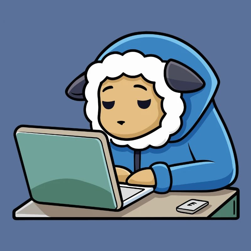 Un mignon mouton hacker dort dans un sweat à capuche devant le PC