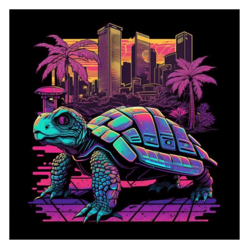 Schildkröte mit Neonfarben, Synthwave / 80er Jahre