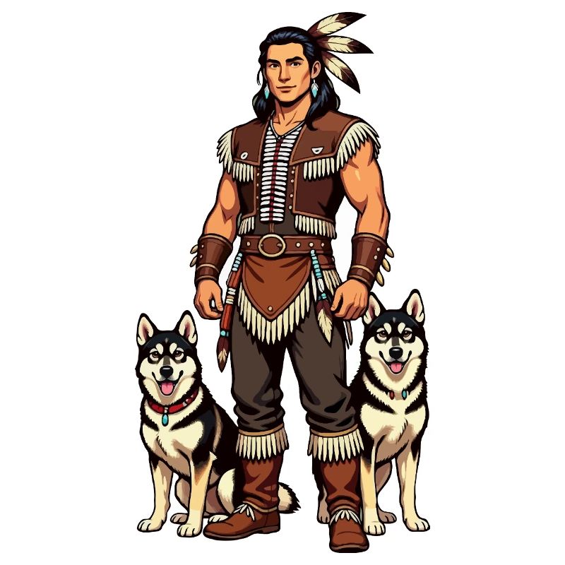 Indianer mit Husky-Hunden