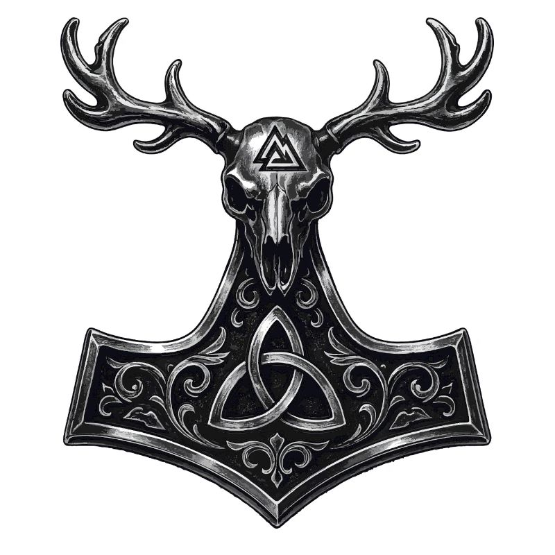 Crâne de cerf Valknut | Symbole païen de Mjölnir