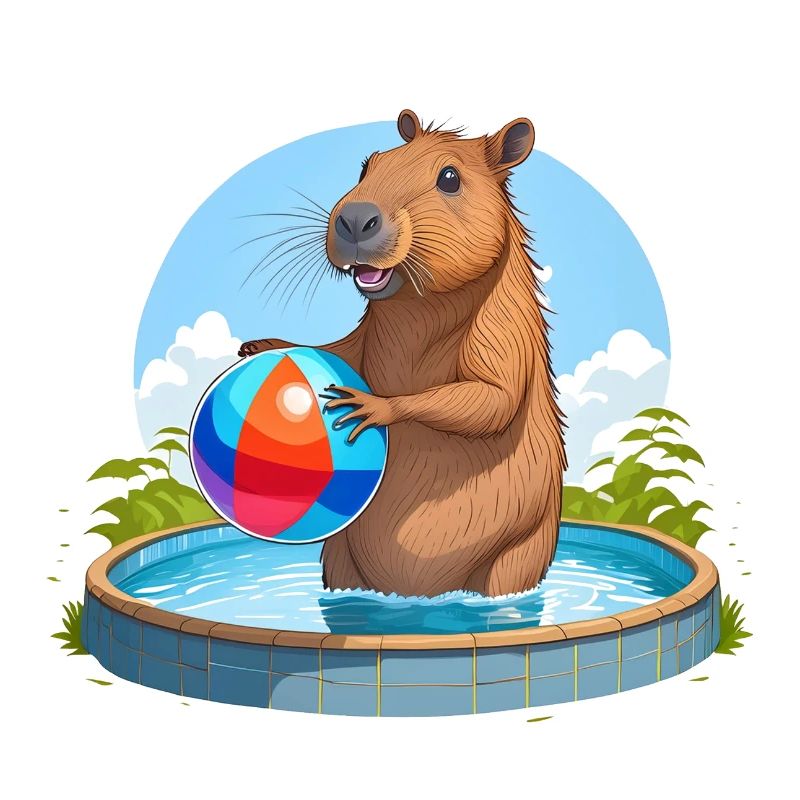 Capybara spielt im Freibad mit einem Wasserball