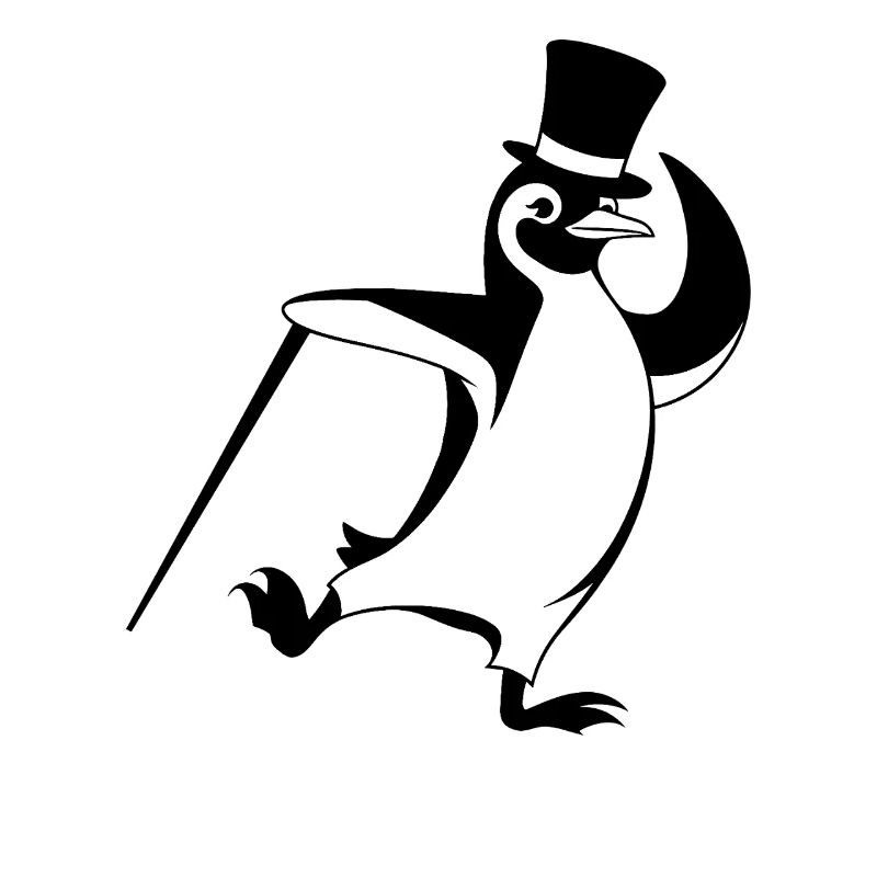 Pingouin élégant avec chapeau haut de forme et bâton de marche