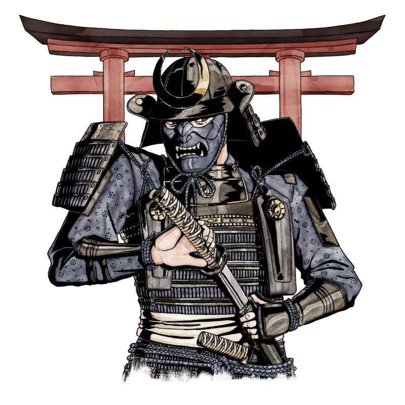 Blauer Samurai zieht sein Katana mit Torii aus der Scheide