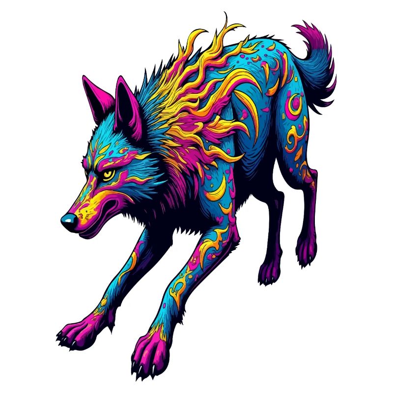 Psychedelischer Laufwolf – Neon Fantasy Tierkunst