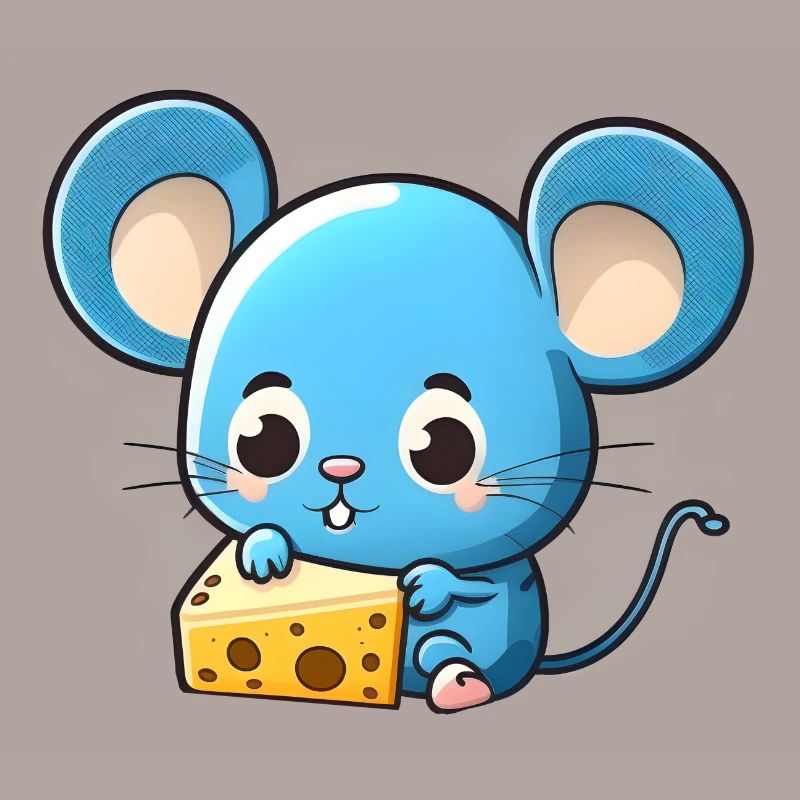 Little blue comic mouse plays with cheese