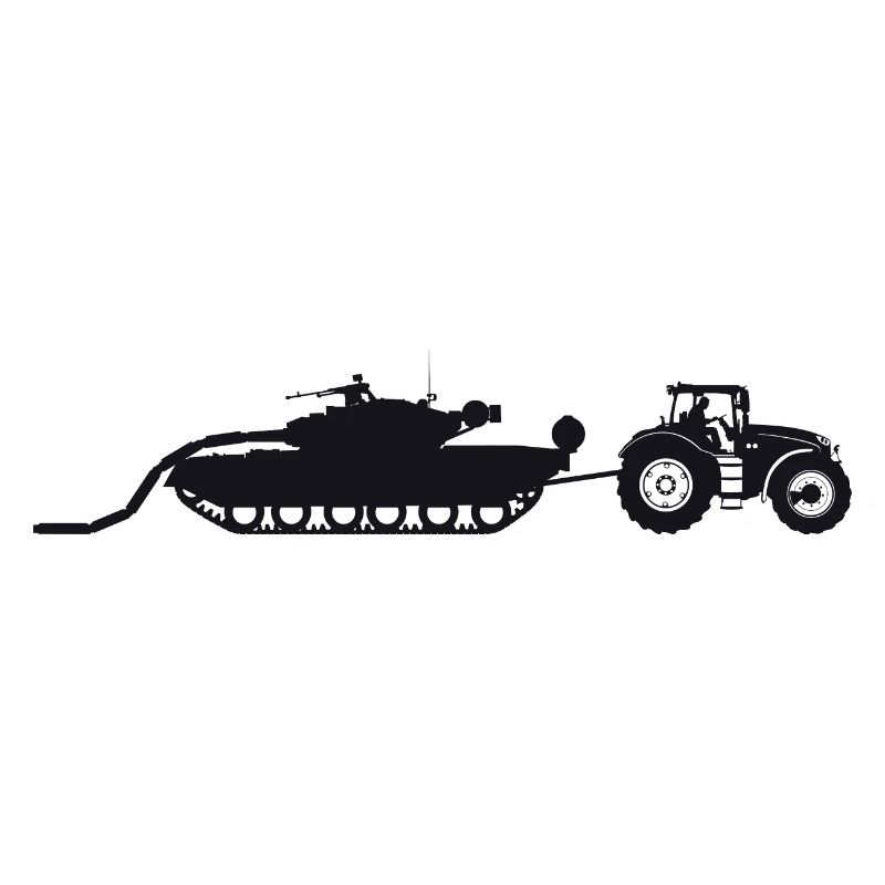 Ein Traktor, der einen kaputten Panzer zieht.