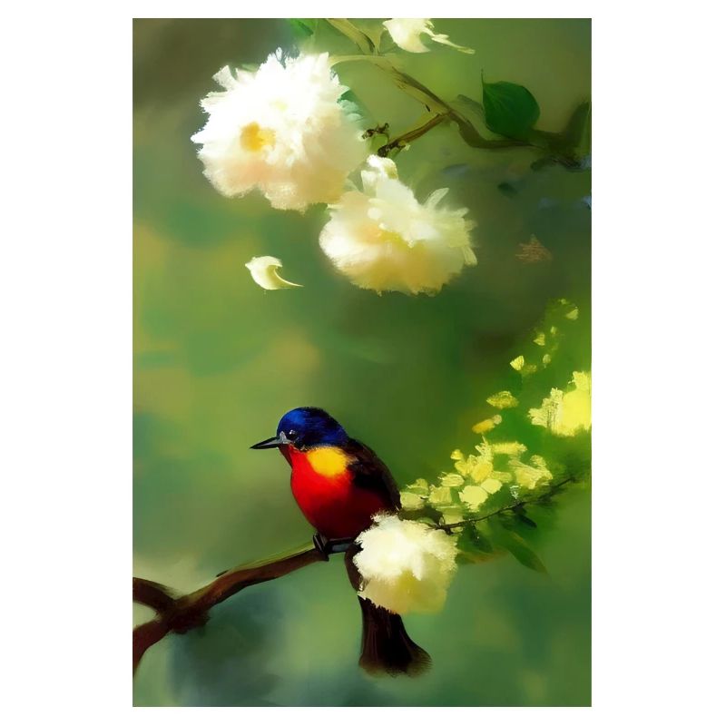 Oiseau sur branche avec fleurs