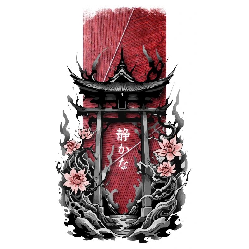 Tranquil Blossoms: Japanese Shrine Gate with Flora