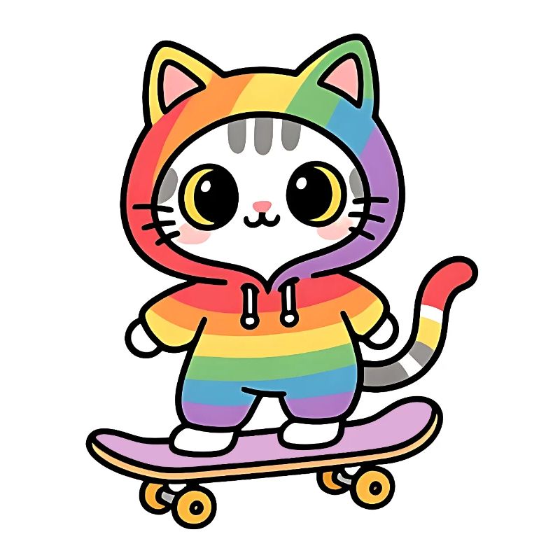 Regenbogenkatze auf Skateboard