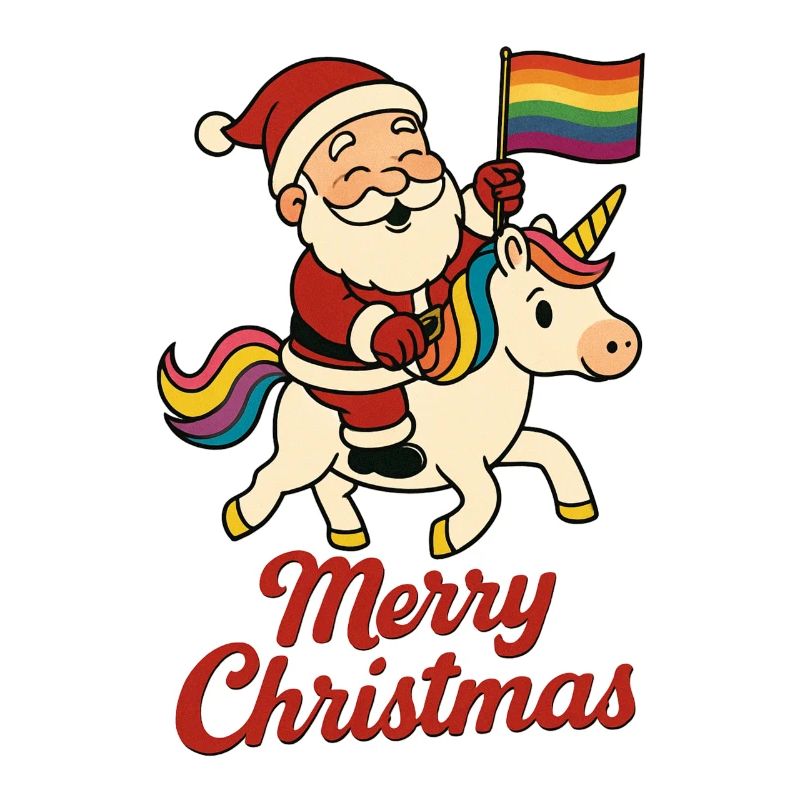 Weihnachtsmann auf Einhorn mit Regenbogenfahne