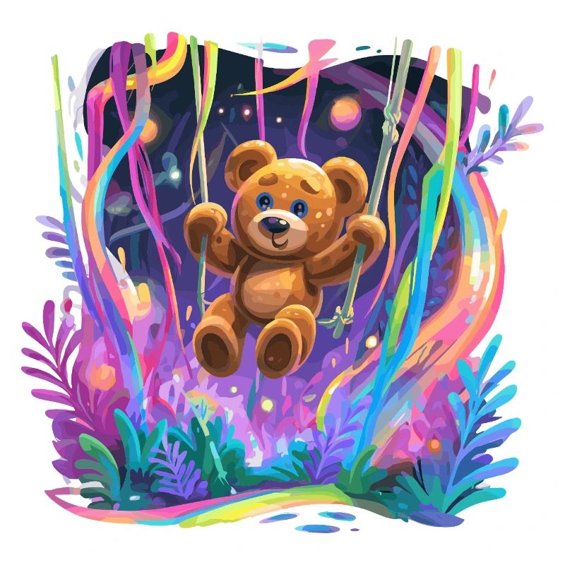 Neon forest teddy bear on swing