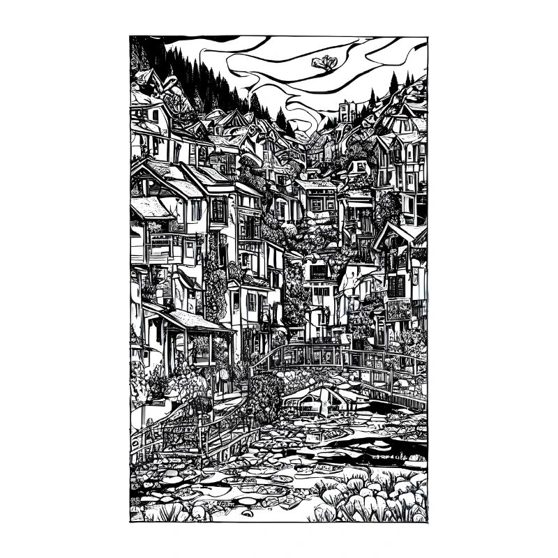 Scène complexe de village à l’encre