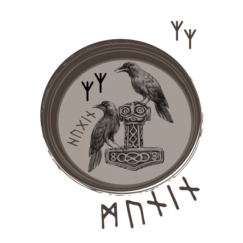 Thor Hammer Mjölnir with Odin Ravens Hugin and Munin