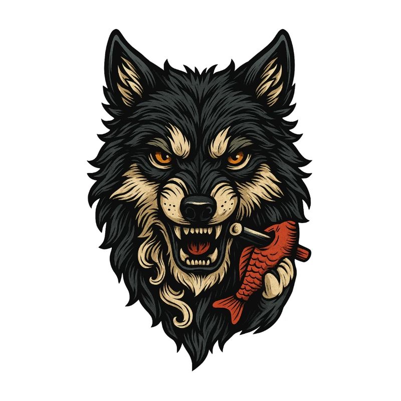 Wild wolf face with bone