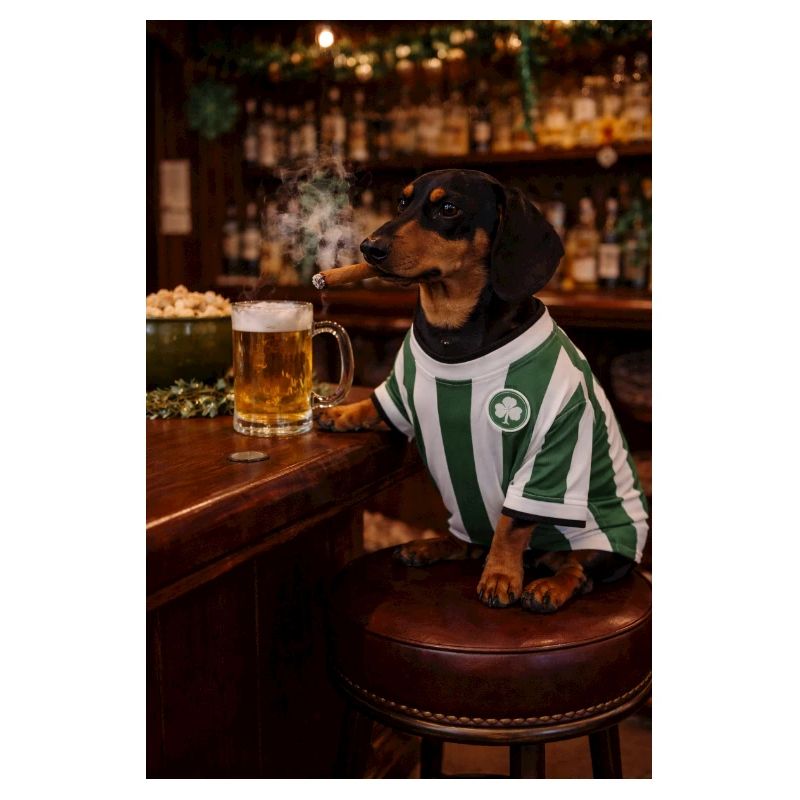 Teckel en maillot de pub avec trèfle