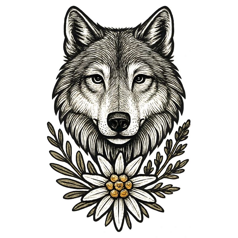 Wolfkopf mit Blumenkranz