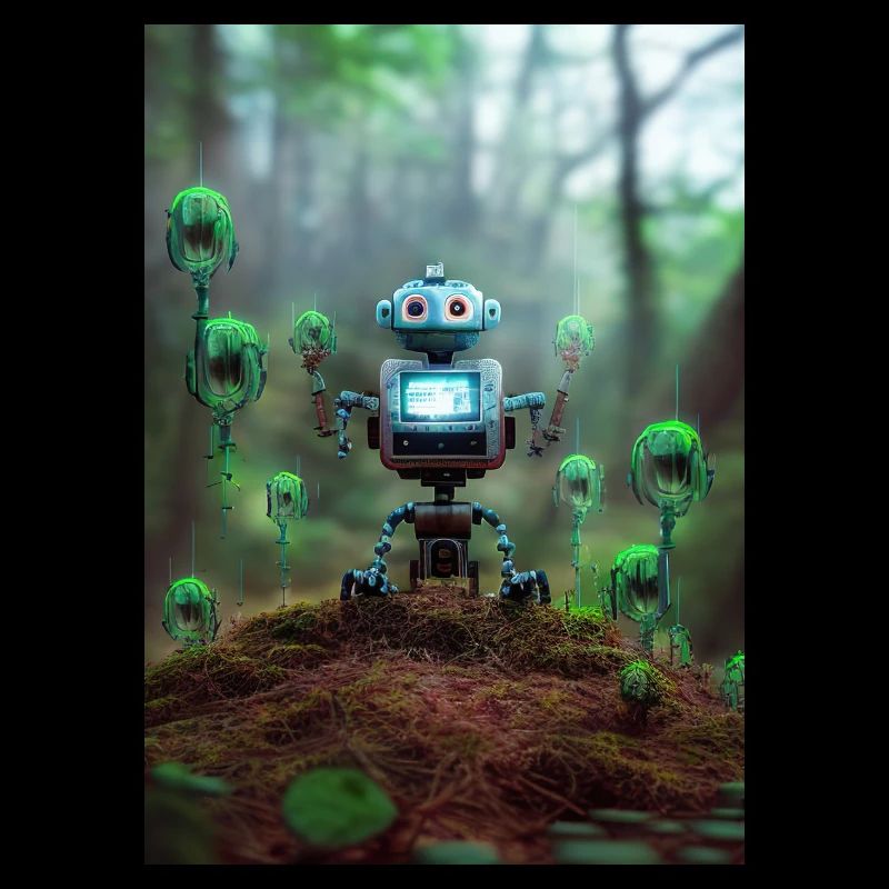 Petit robot bleu dans la forêt