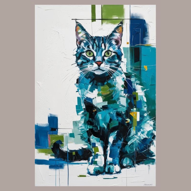 Chat abstrait en bleu vert / Numérique / Affiche #2