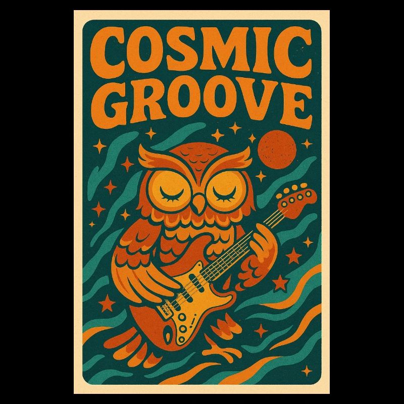 Psychedelisches Retro-Design mit Eule und Gitarre