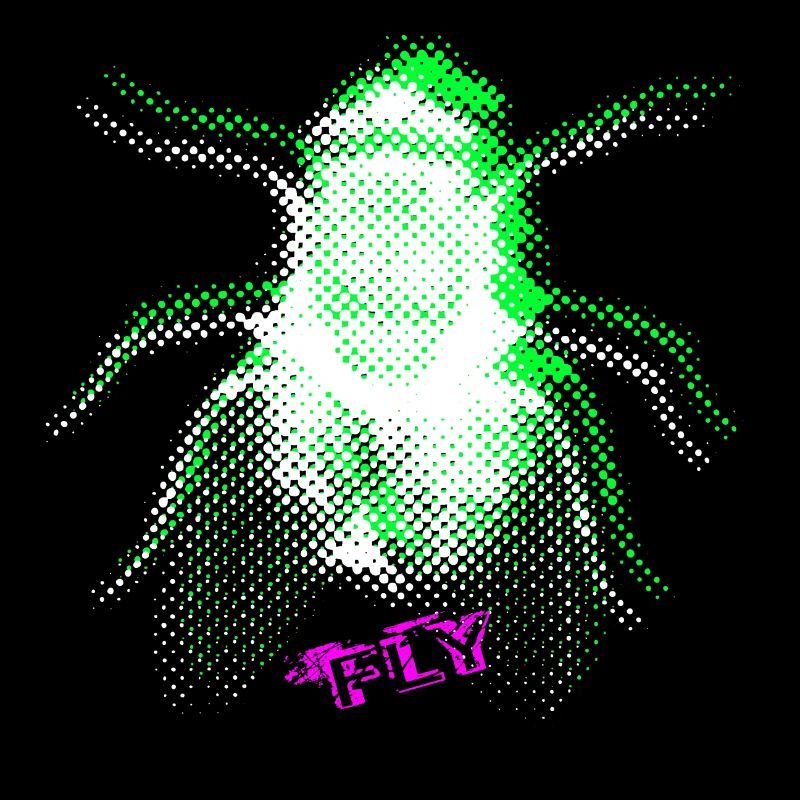 Fly in screen-printed design, between punk and pop