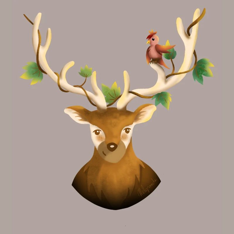 Hirsch oder Waldrentier mit Vogel und Efeu