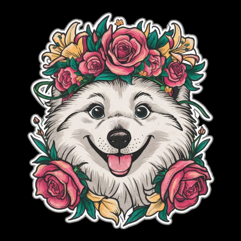 Spitz Samoyède doux aux roses et aux lys