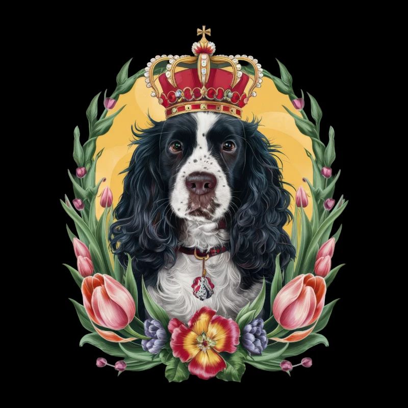 Cocker Spaniel avec couronne et tulipes