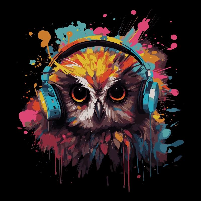 Lustige Eule hört Musik über Kopfhörer