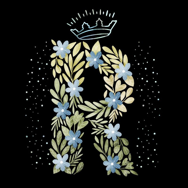 Monogramm Buchstabe R mit Krone, florales Ornament