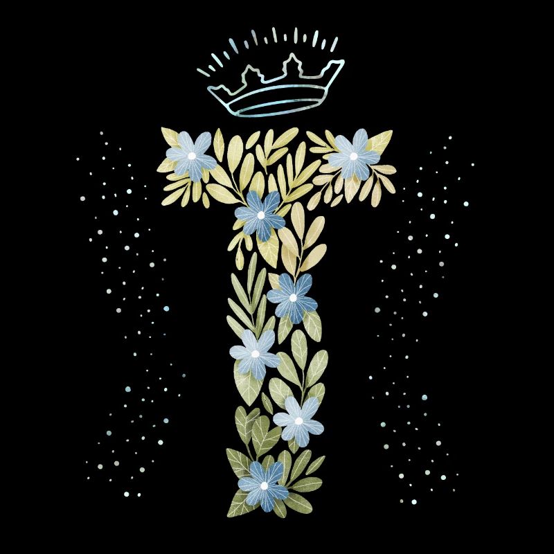 Monogramm Buchstabe T mit Krone, florales Ornament