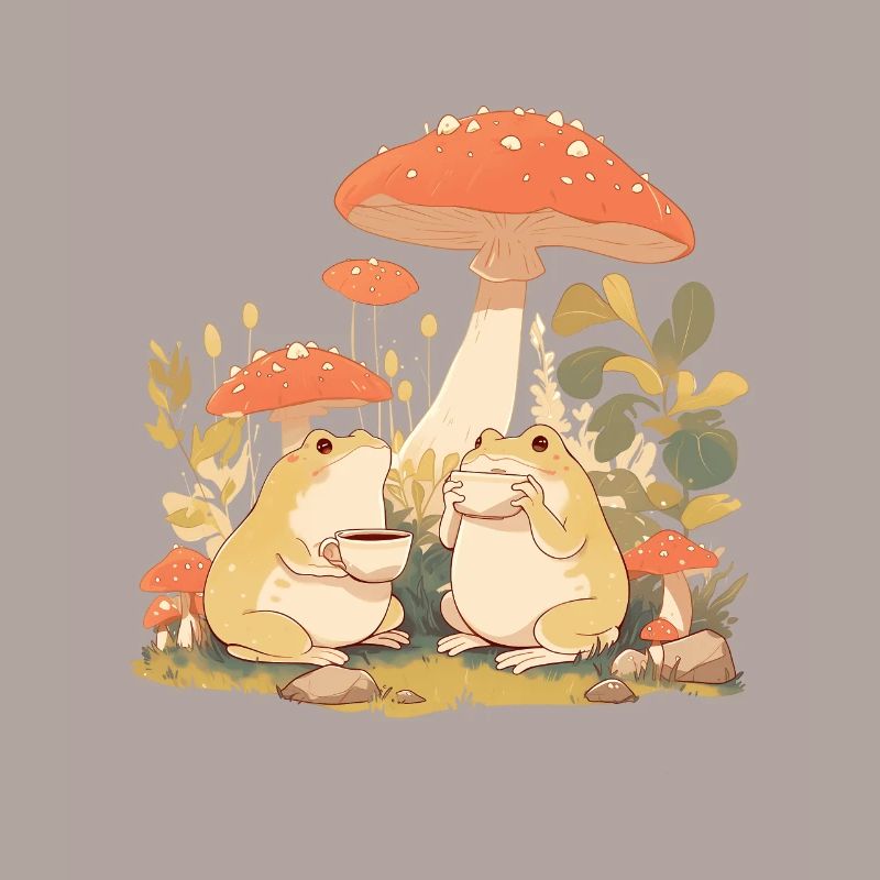 Frogs With Tea Toadstool Cottagecore Flowers