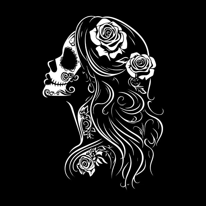 La Catrina Skull Side View with Roses