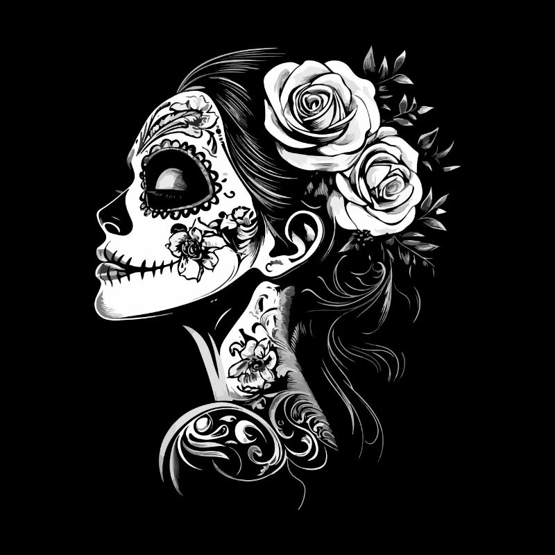 La Catrina Skull Side View with Roses