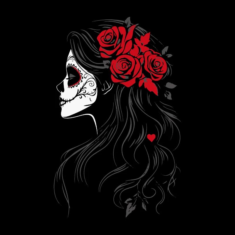 La Catrina side view with red roses
