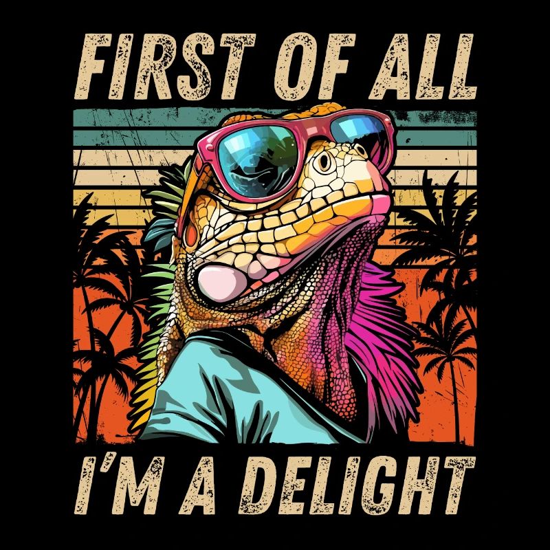Tropical Iguana - Sunset and Palm Tree Design
