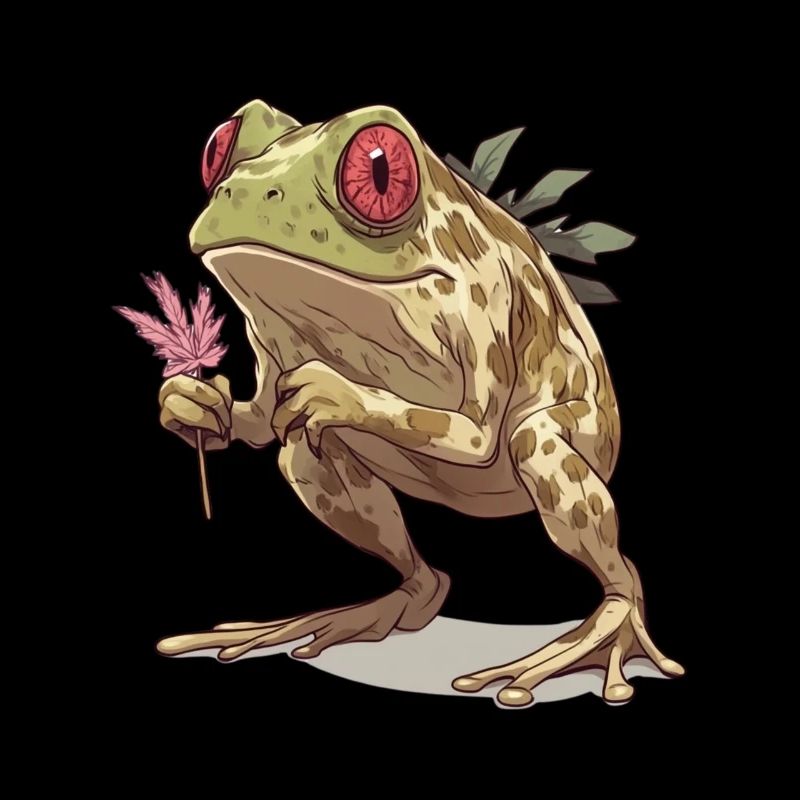 Frog with red eye and cannabis leaf